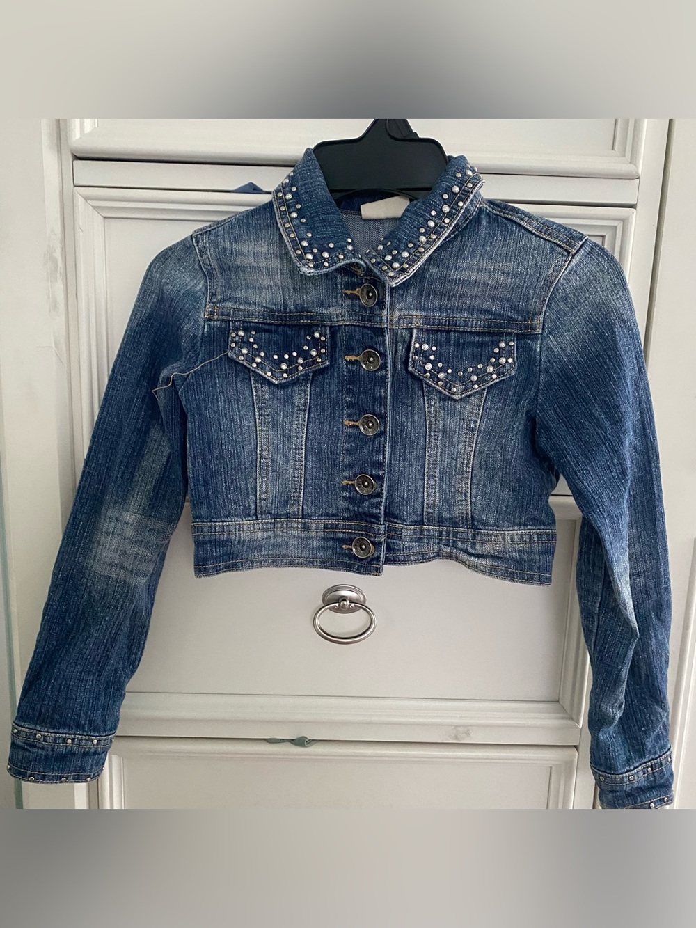 Zana Di Girls Sz 6 Y2K Distressed Blue Denim Jacket with Rhinestone-Stud Details